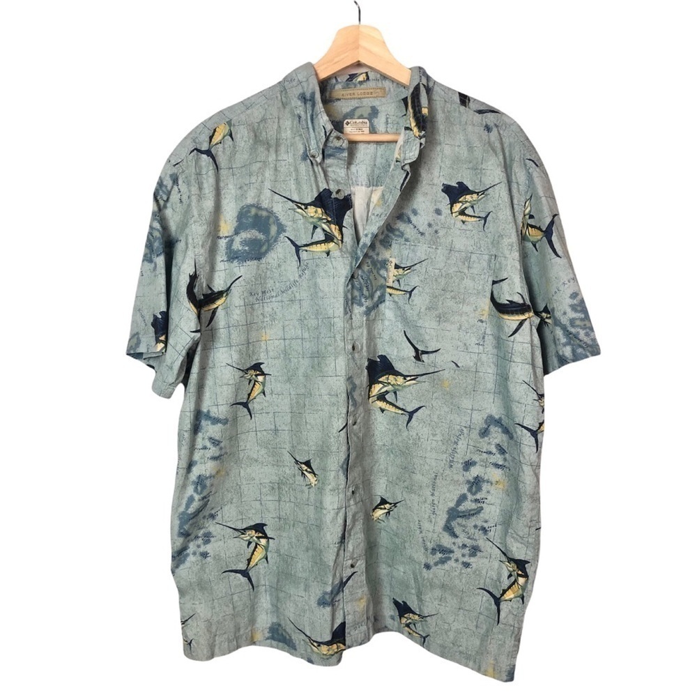 Columbia Blue‎ Swordfish River Lodge Short Sleeve Button Down L